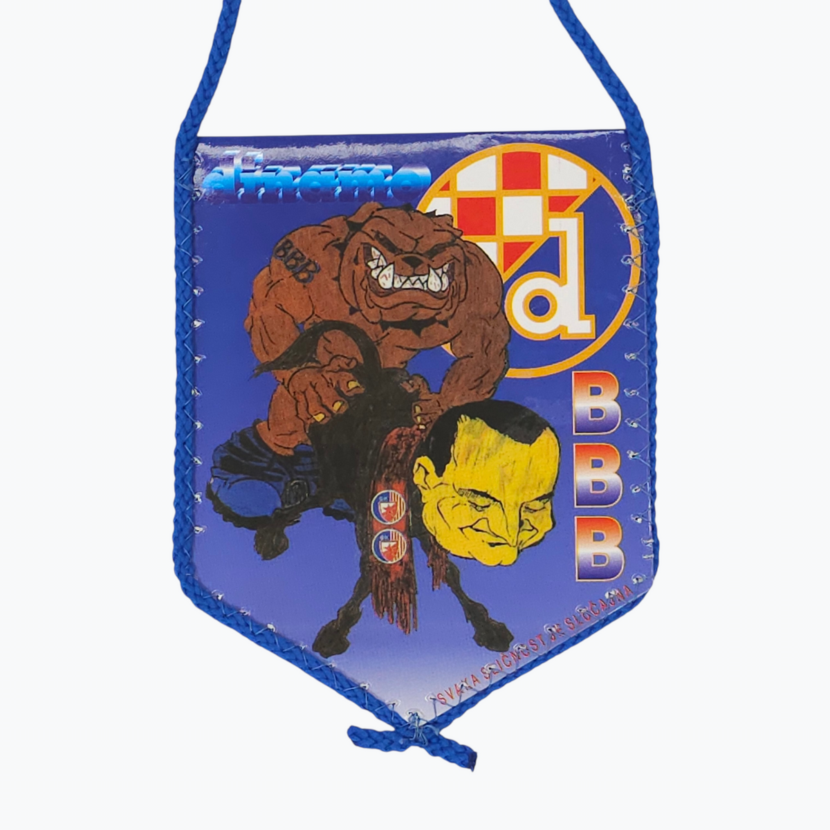 Dinamo BBB Car Flag, Small banner with a bear and face design, featuring colors and text on a blue background.