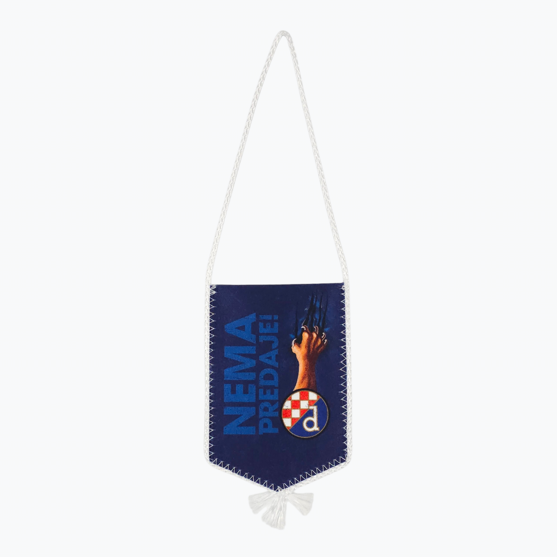 Dinamo Nema Predaje Car Flag. Small blue banner with text and a logo on a white background