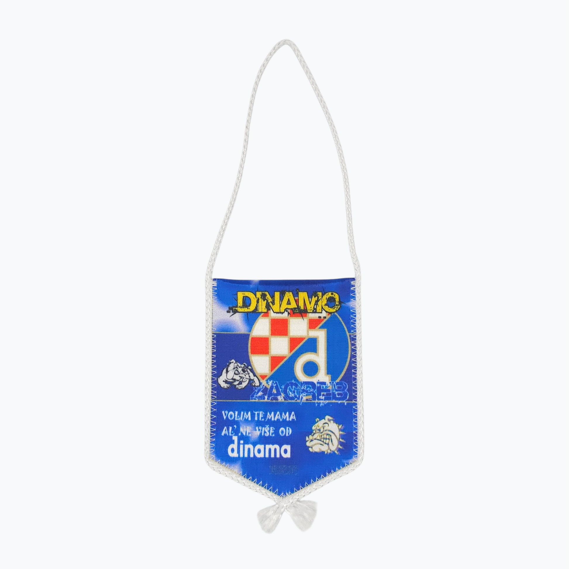 Dinamo Volim Te Car Flag, Small blue flag with 'Dinamo' branding on a white background