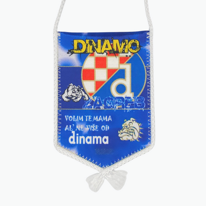 Dinamo Volim Te Car Flag. Vintage Dinamo Zagreb sports team banner with blue background and white border