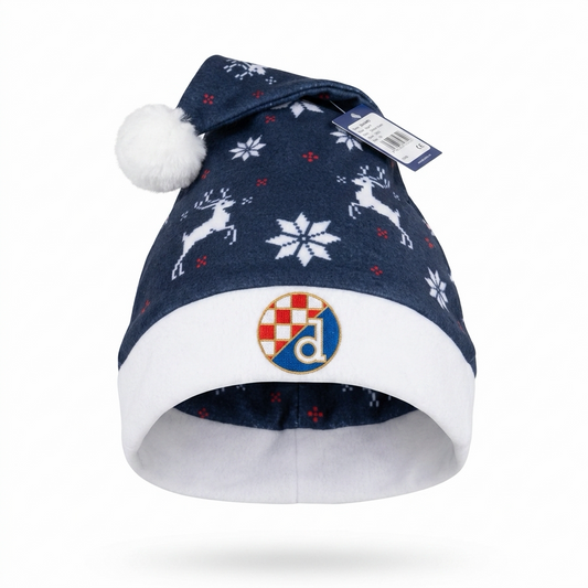 Dinamo Zagreb Christmas Hat Navy blue hat with reindeer and snowflake patterns, featuring a logo on a white background