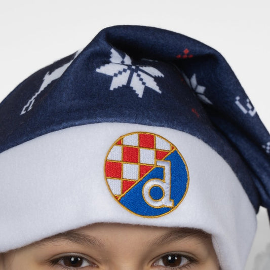 Dinamo Zagreb Christmas Hat Navy and white beanie with a logo on a child wearing it.