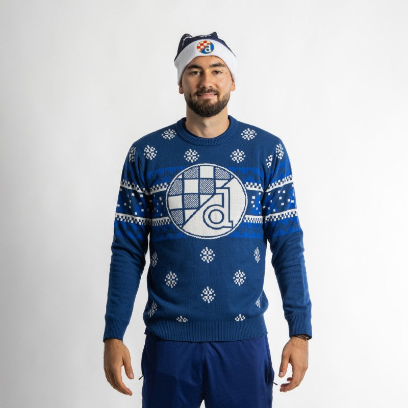 Dinamo Zagreb Christmas Hat Man wearing a blue sweater with a logo and matching headband on a white background