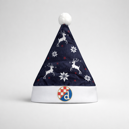 Dinamo Zagreb Christmas Hat Navy blue Santa hat with reindeer and snowflake patterns on a white background