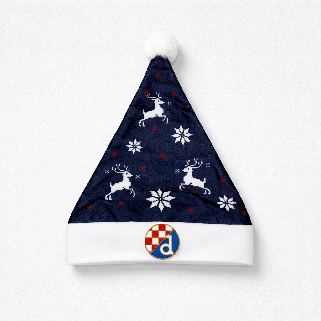 Dinamo Zagreb Christmas Hat Navy blue Santa hat with reindeer and snowflake patterns on a white background