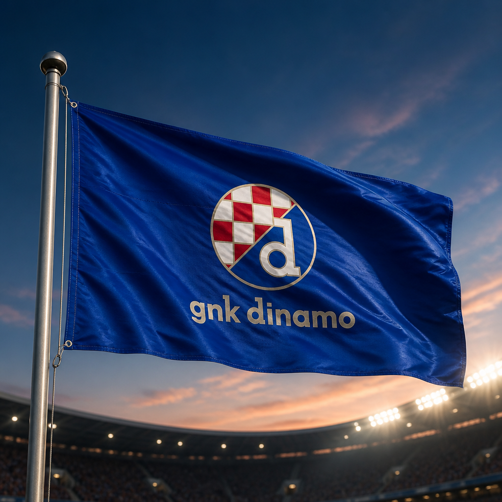 Dinamo Zagreb Flag 200x100 Blue flag with a logo and 'gnk dinamo' text waving in front of a stadium at sunset.