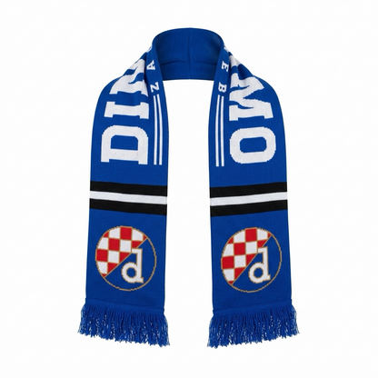 Dinamo Zagreb Scarf BW Stripe Blue scarf with white text and logos on a white background