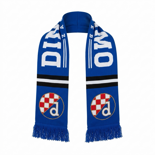 Dinamo Zagreb Scarf BW Stripe Blue scarf with white text and logos on a white background