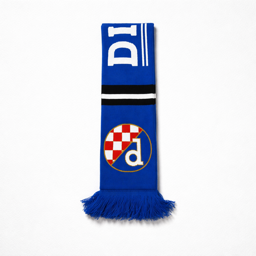 Dinamo Zagreb Scarf BW Stripe Blue scarf with a logo and text on a white background