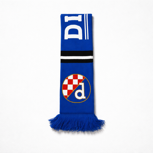 Dinamo Zagreb Scarf BW Stripe Blue scarf with a logo and text on a white background