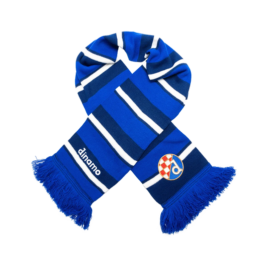 Dinamo Zagreb Scarf Stripe Blue and white striped scarf with 'dinamo' branding on a white background