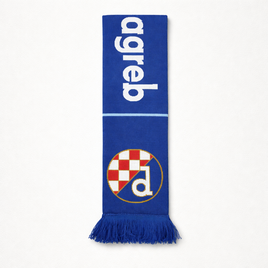 Dinamo Zagreb Scarf Thin Stripe Blue scarf with white text and a logo on a white background
