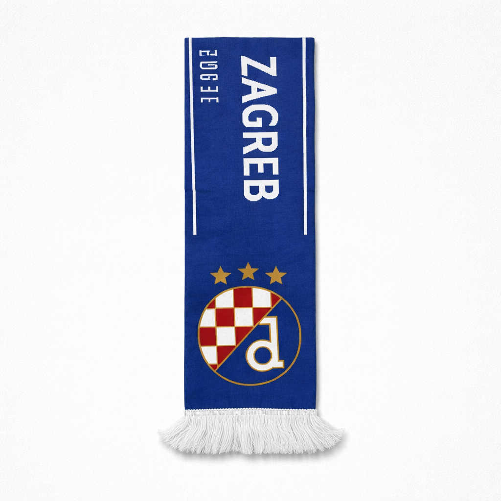 Dinamo Zagreb Scarf UCL Blue scarf with 'Zagreb' and a logo on a white background