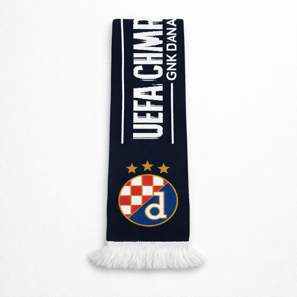 Dinamo Zagreb Scarf UCL Navy blue scarf with UEFA Champions League and GNK Dinamo Zagreb logos on a white background