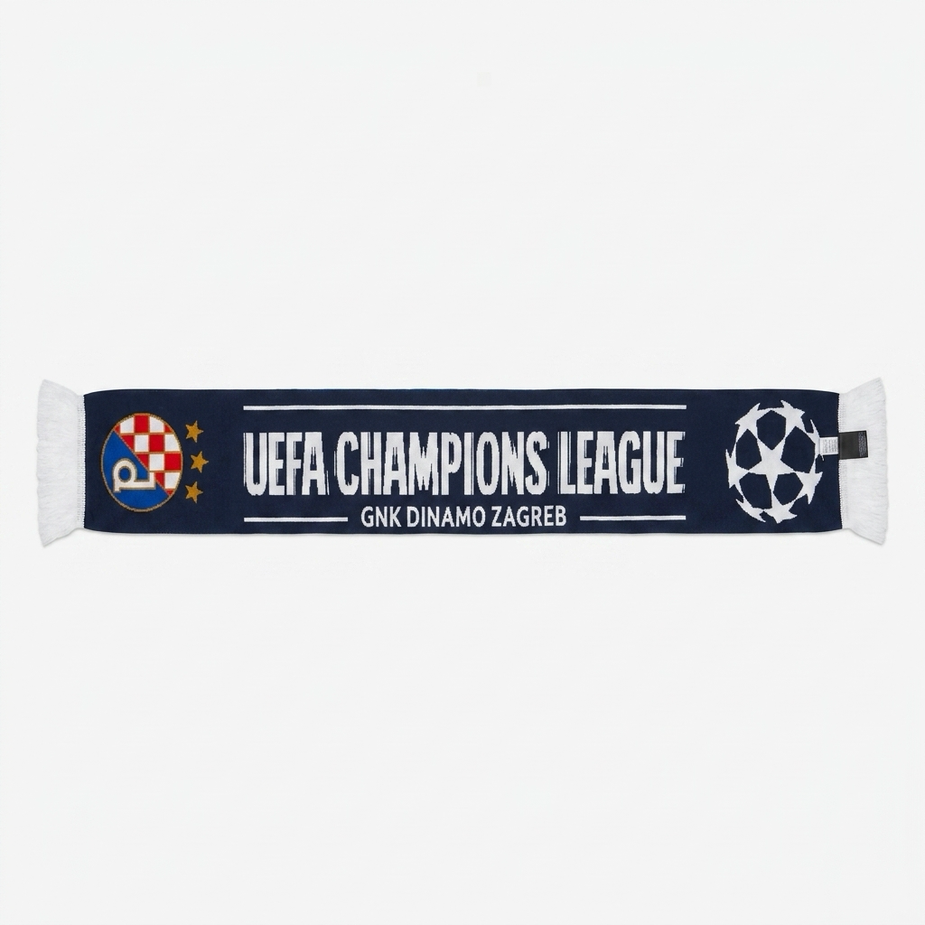 Dinamo Zagreb Scarf UCL Navy blue scarf with UEFA Champions League and GNK Dinamo Zagreb branding on a white background