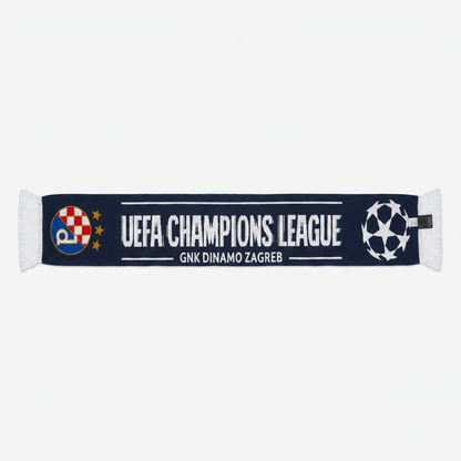 Dinamo Zagreb Scarf UCL Navy blue scarf with UEFA Champions League and GNK Dinamo Zagreb branding on a white background
