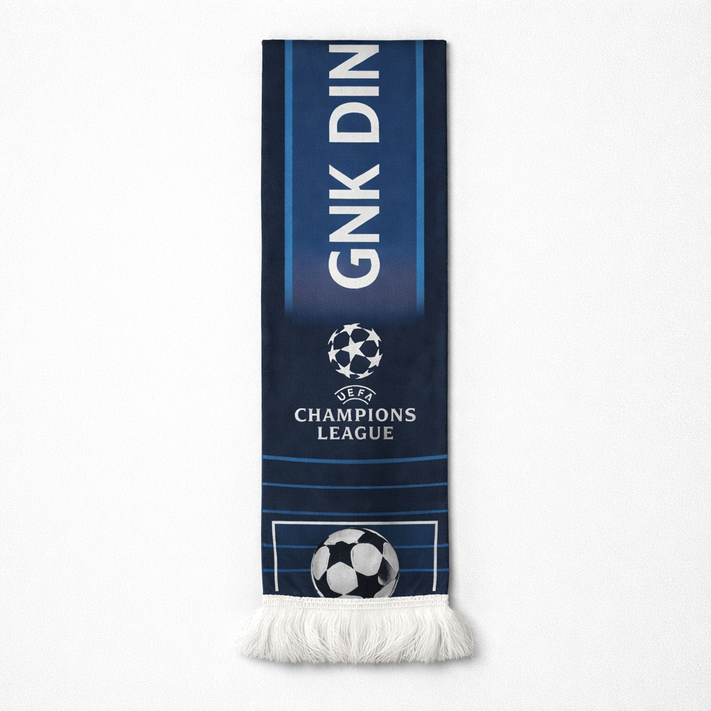Dinamo Zagreb Silk Scarf UCL Navy blue scarf with white text and UEFA Champions League logo on a white background
