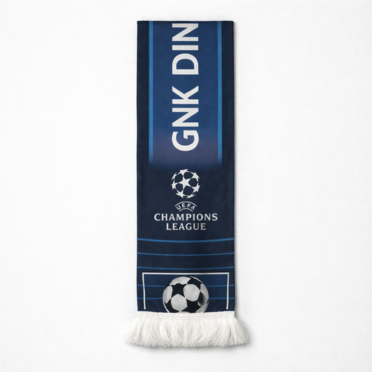Dinamo Zagreb Silk Scarf UCL Navy blue scarf with white text and UEFA Champions League logo on a white background