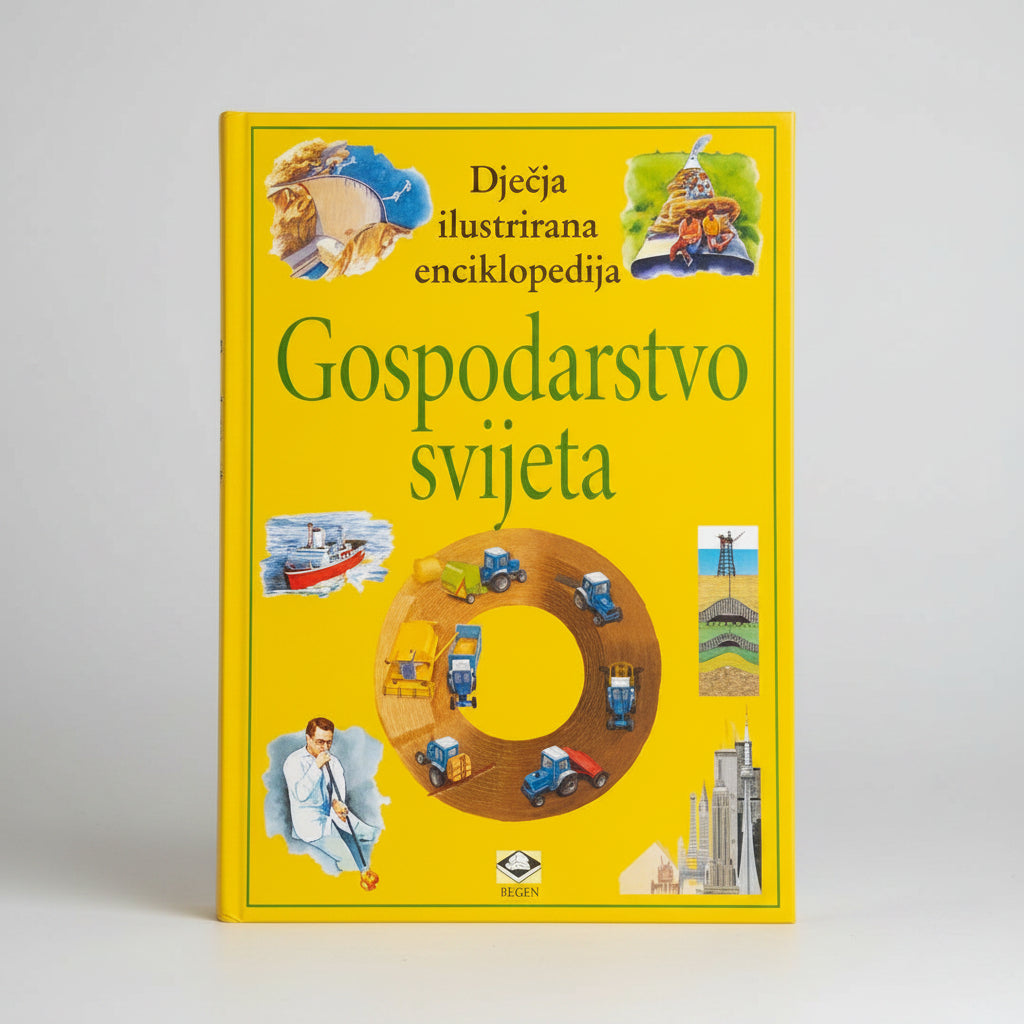 Dječje Ilustrirane Enciklopedije – Gospodarstvo Svijeta Book cover of 'Gospodarstvo svijeta' with illustrations on a yellow background