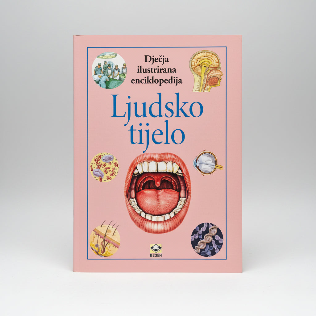 Dječje Ilustrirane Enciklopedije – Ljudsko Tijelo Book cover of 'Ljudsko tijelo' with illustrations on a pink background