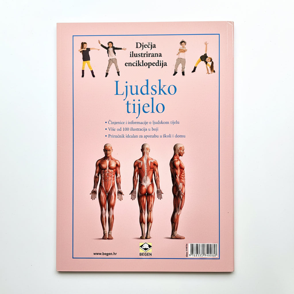 Dječje Ilustrirane Enciklopedije – Ljudsko Tijelo Book cover of 'Ljudsko tijelo' with illustrations of human bodies on a pink background
