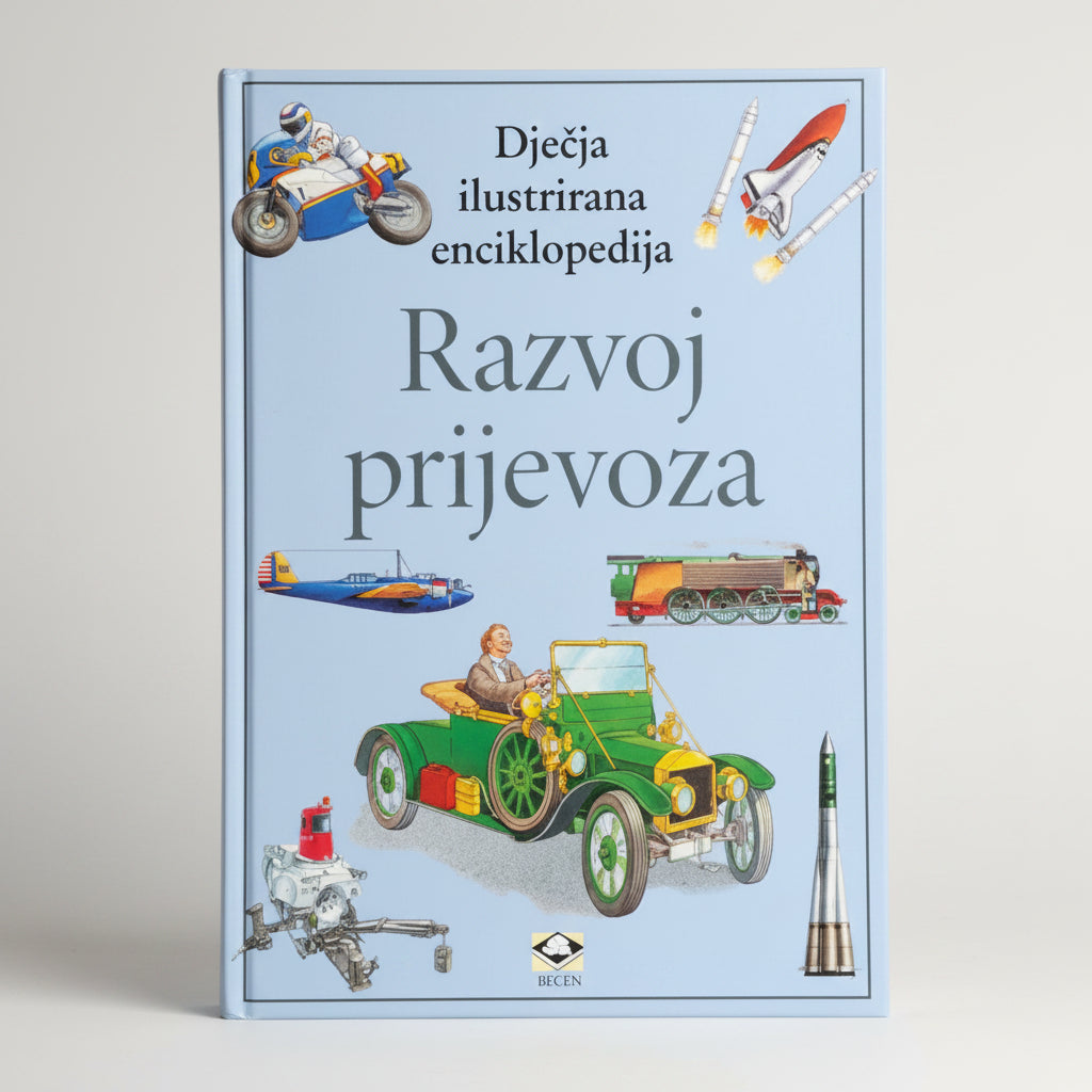 Dječje Ilustrirane Enciklopedije – Razvoj Prijevoza Book cover of 'Razvoj prijevoza' with illustrations of vehicles and text on a light blue background