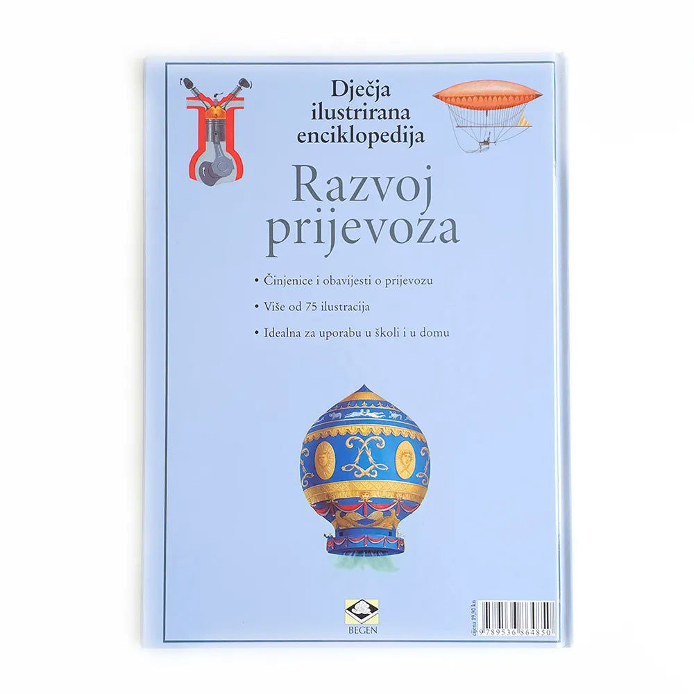 Dječje Ilustrirane Enciklopedije – Razvoj Prijevoza Book cover with illustrations of a hot air balloon and other elements on a light blue background