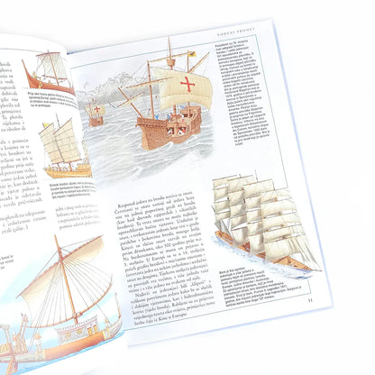 Dječje Ilustrirane Enciklopedije – Razvoj Prijevoza Illustrations of ships on pages of a book