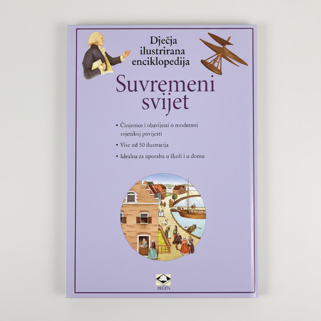 Dječje Ilustrirane Enciklopedije – Suvremeni Svijet Book cover of 'Djeđjaća ilustrirana enciklopedija Suvremeni svijet' with illustrations and text on a light purple background.