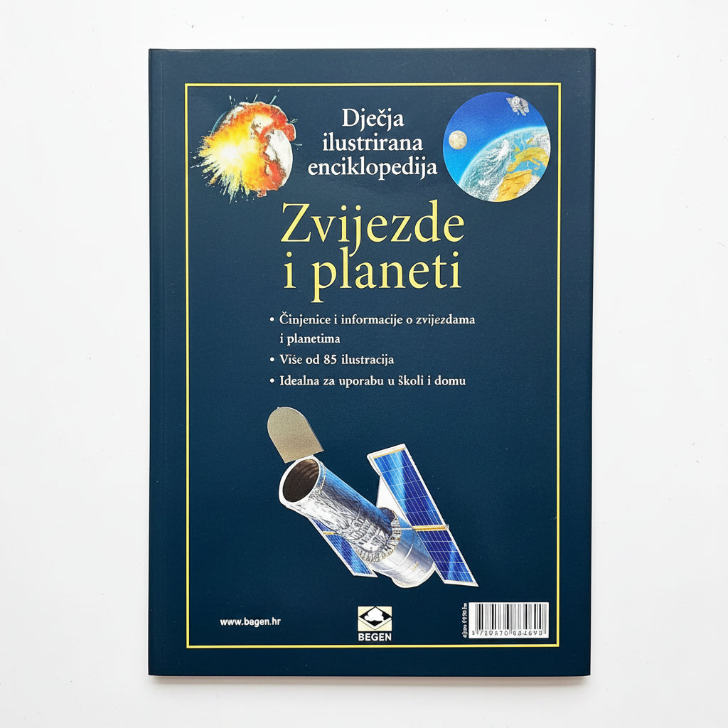 Dječje Ilustrirane Enciklopedije – Zvijezde i Planeti Book cover of 'Djecja ilustrirana enciklopedija Zvijezde i planeti' with celestial imagery on a blue background