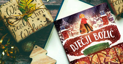 Dječji Božić Christmas card with festive design and gift box on a wooden surface