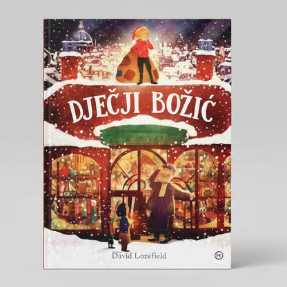 Dječji Božić Illustrated book cover with a festive scene and text 'Djecji Bozic' on a snowy background.