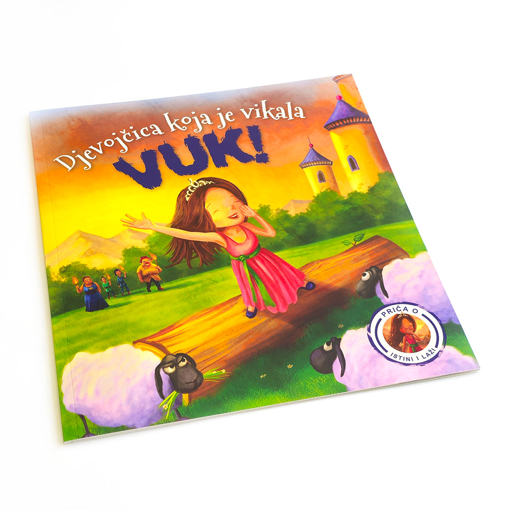 Djevojčica Koja je Vikala Vuk! Children's book cover with a girl on a log and castle in the background