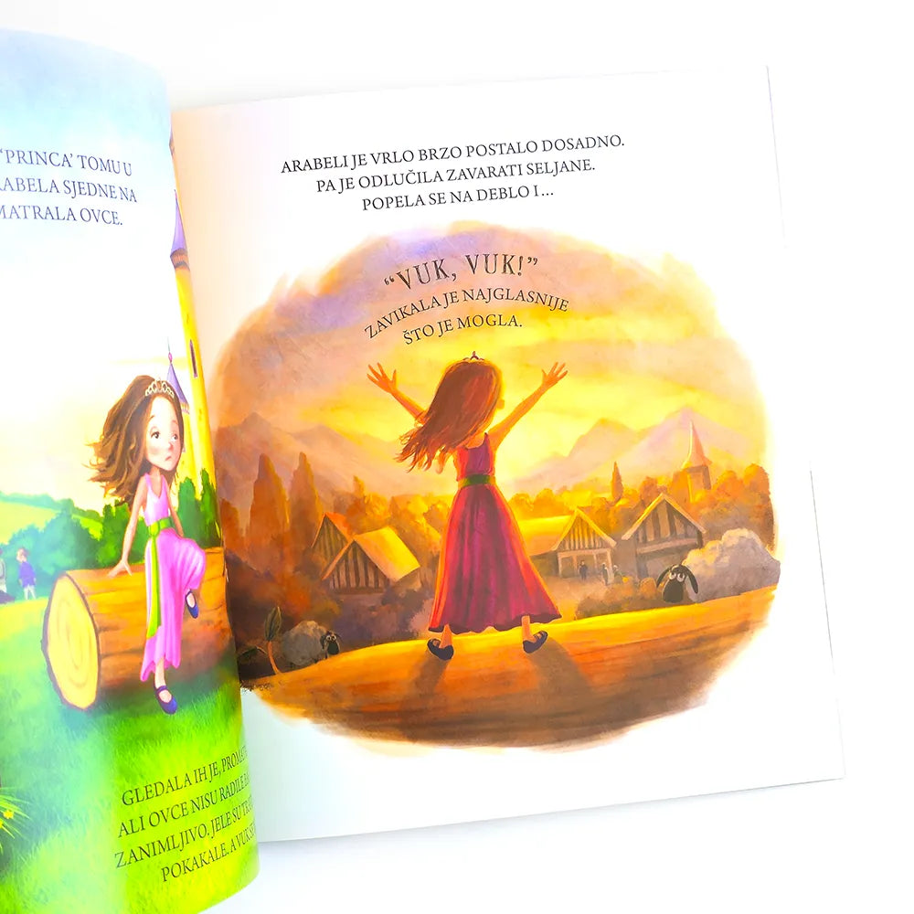 Djevojčica Koja je Vikala Vuk! Book cover with illustration of a woman in a red dress and child in a pink dress against a sunset landscape.
