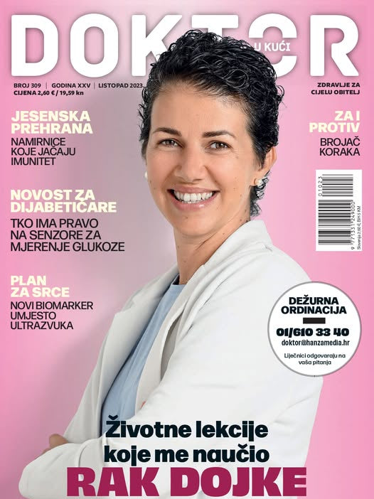 Doktor u Kući Magazine Croatian Magazine cover with a woman in a white coat on a pink background