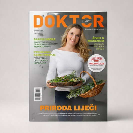 Doktor u Kući Magazine Croatian Magazine cover with a woman holding a basket of plants on a gray background