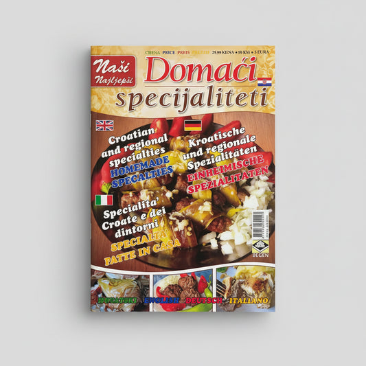 Domaći Specijaliteti (Home‑Made Specialties – 4‑Language Cookbook) Magazine cover titled 'Domaáđ specijaliteti' with images of food and text in multiple languages.
