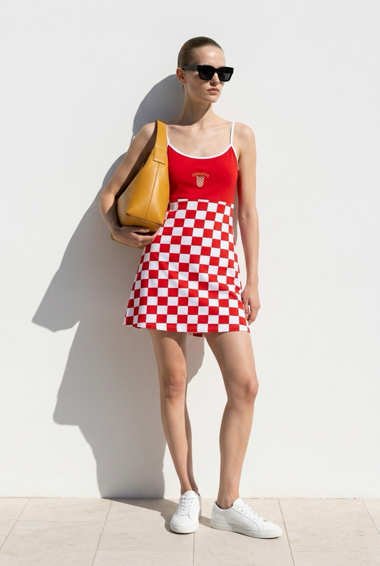 Dress Croatia Woman wearing a red tank top and checkered skirt with a yellow bag against a white background