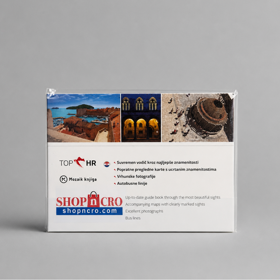 Dubrovnik – Must‑See Attractions (HR/ENG Bilingual Travel Book) Product packaging with images of a coastal scene, architectural elements, and text on a gray background