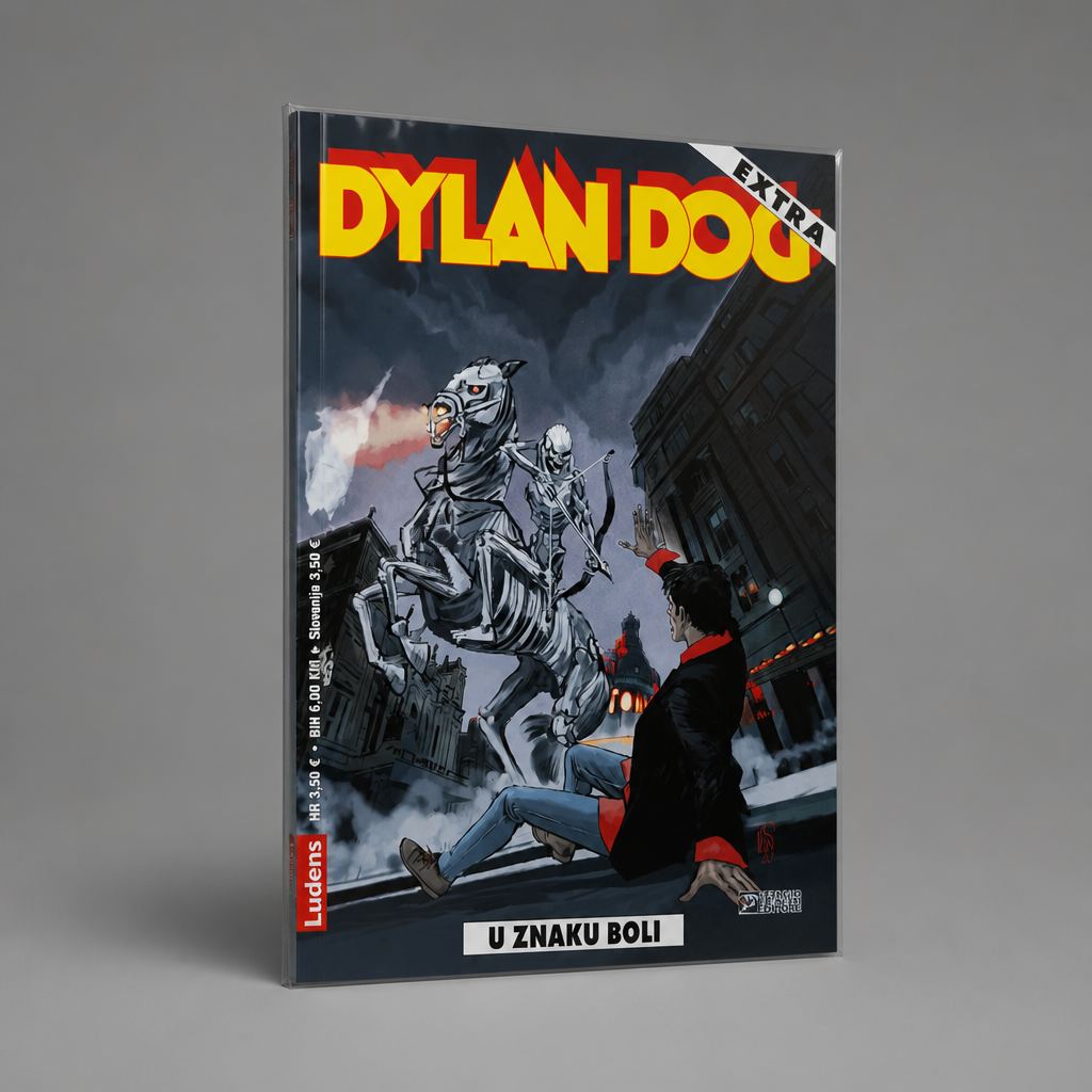 Dylan Dog – U Znaku Boli Book cover of 'Dylan Dou' with graphic design elements on a gray background