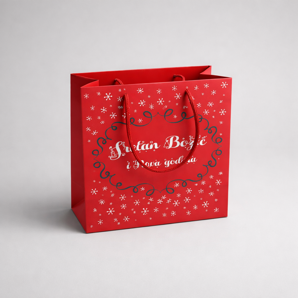 Festive Gift Bag – Sretan Božić Red gift bag with white snowflake pattern and decorative text on a light gray background