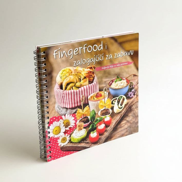 Fingerfood & Zalogajčići Cookbook titled 'Fingerfood i zalogaćiá za zabavu' with images of food on a white background
