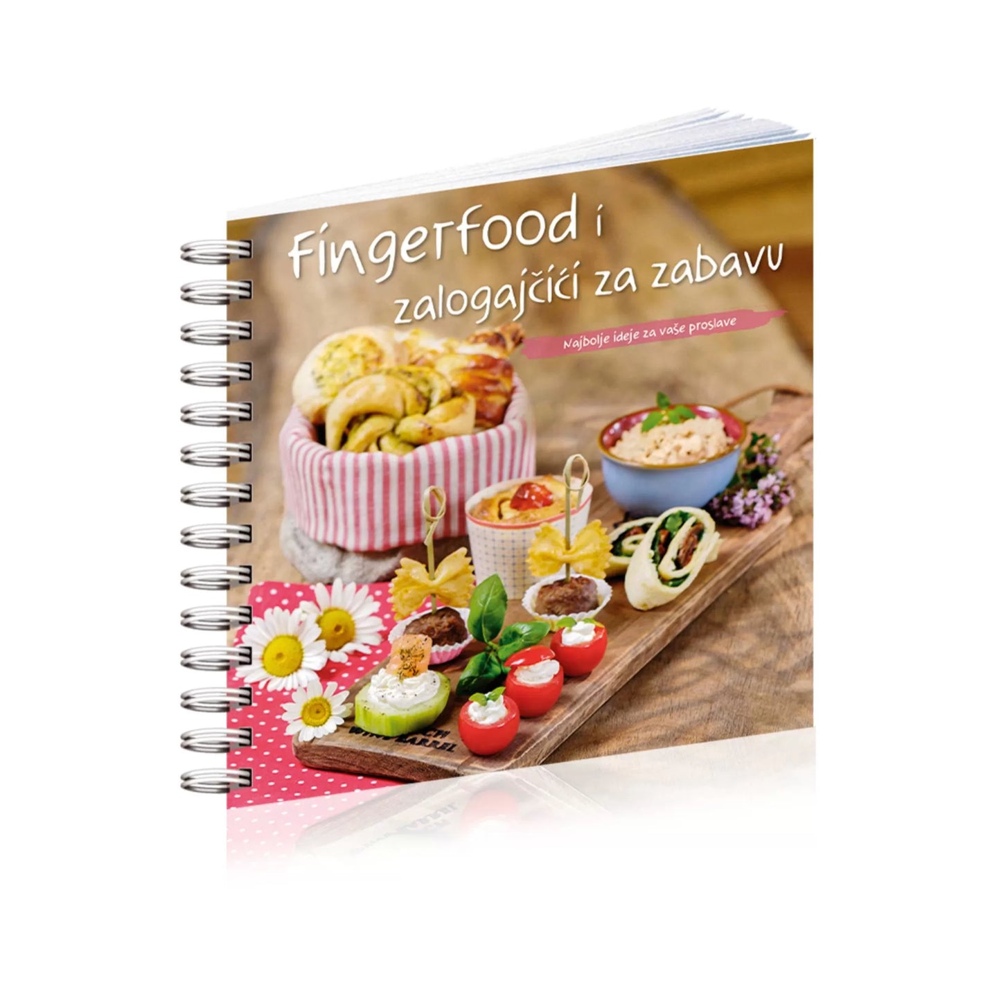 Fingerfood & Zalogajčići Cookbook titled 'Fingerfood i zalogajci za zabavu' with images of finger food on a wooden board.