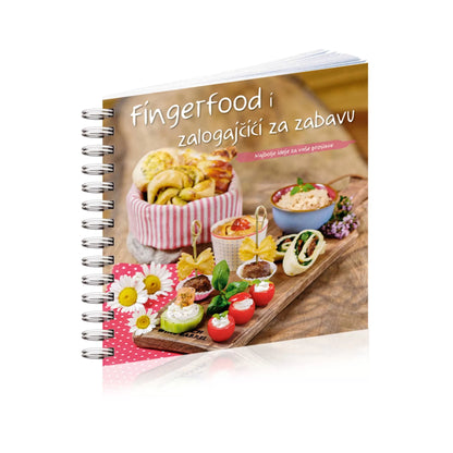 Fingerfood & Zalogajčići Cookbook titled 'Fingerfood i zalogajci za zabavu' with images of finger food on a wooden board.