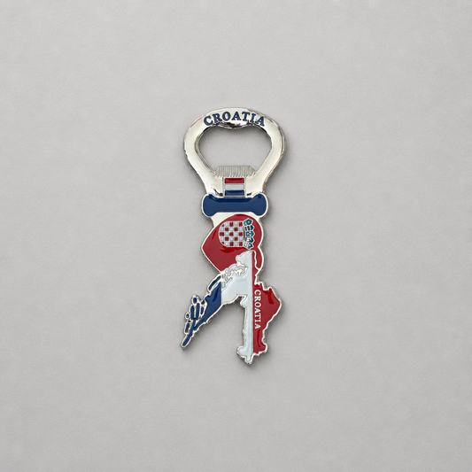 A metal Croatia-themed bottle opener with an enamel map design in red, white, and blue, featuring the word 'CROATIA' on the opener loop and a small Croatian flag accent. Fridge Magnet Bottle Opener Croatia