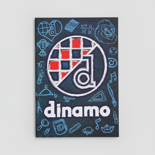 GNK Dinamo A5 Writing Book / Note Pad Sticker with 'dinamo' logo and various icons on a dark blue background