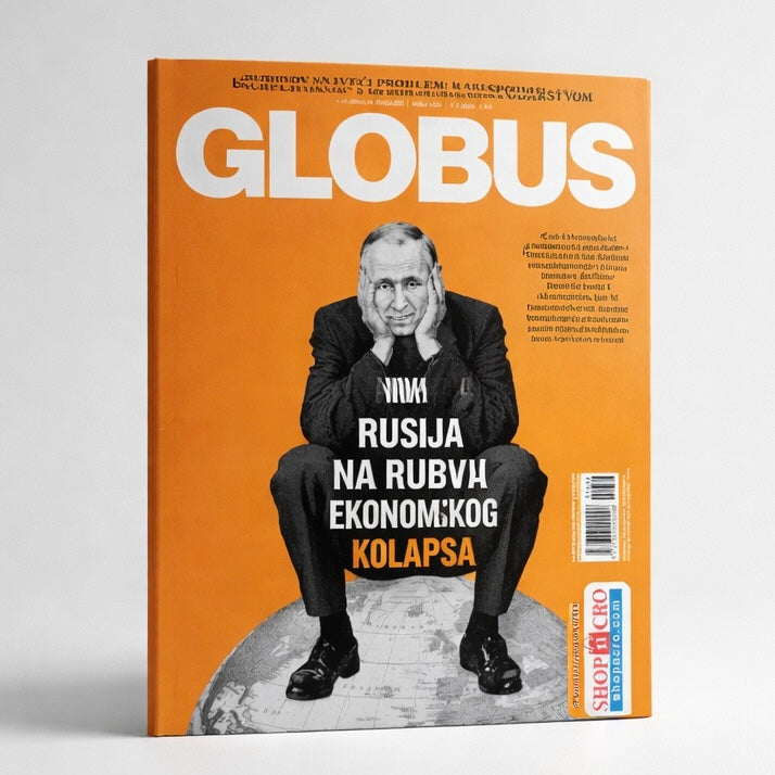 Globus Magazine Croatian Magazine cover with a person sitting on a globe, featuring the title 'Globus' and text in a foreign language.