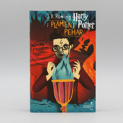 Book cover of 'Harry Potter' with a character holding a light blue flame against a red background