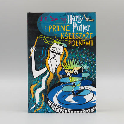 Book cover of 'Harry Potter i princ potpunoj krvi' with a stylized illustration of a character with a beard and a baby, set against a blue background.
