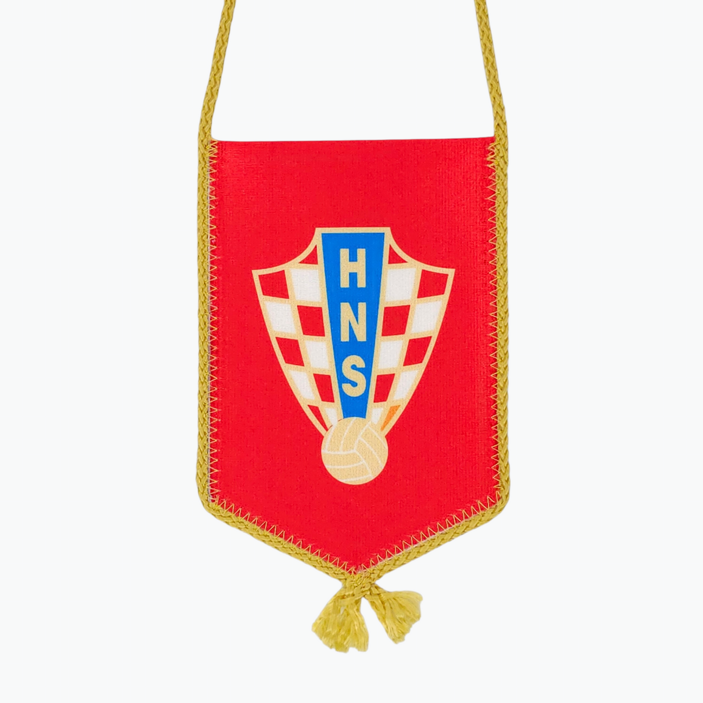 HNS Red Car Flag. Red banner with a central emblem featuring 'HNS' on a white background